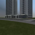 Modern Twin High Rise Office Building With Glass Facade And Blue Sky Exterior
