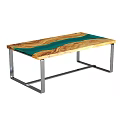 Modern Coffee Table with Wooden Tabletop and Turquoise Resin Inlay Stainless Steel Legs Contemporary Design