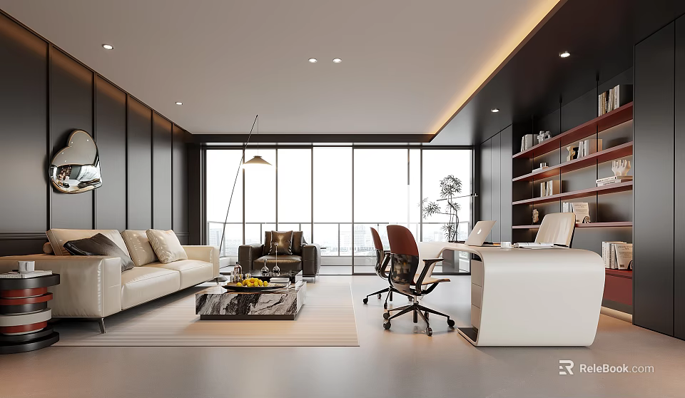 Modern Office Interior Design With Sofa Desk Chair Bookshelf And Large Window 3d model 