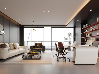 Modern Office Interior Design With Sofa Desk Chair Bookshelf And Large Window 3d model