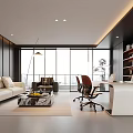 Modern Office Interior Design With Sofa Desk Chair Bookshelf And Large Window