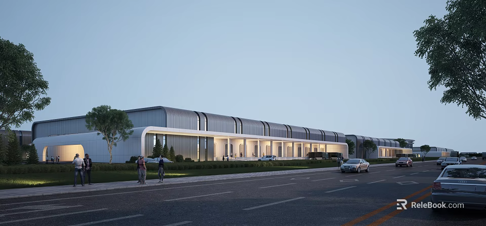 Modern Industrial Factory Building Facade With Glass Windows Evening Lights And Landscaped Surroundings 3d model 