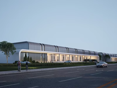 Modern Industrial Factory Building Facade With Glass Windows Evening Lights And Landscaped Surroundings 3d model