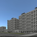 Modern Multiple High Rise Office Buildings With Green Trees Pedestrians And Cars Under Blue Sky