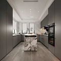 Modern Open Kitchen Interior Design With Marble Island Grey Cabinets And Appliances
