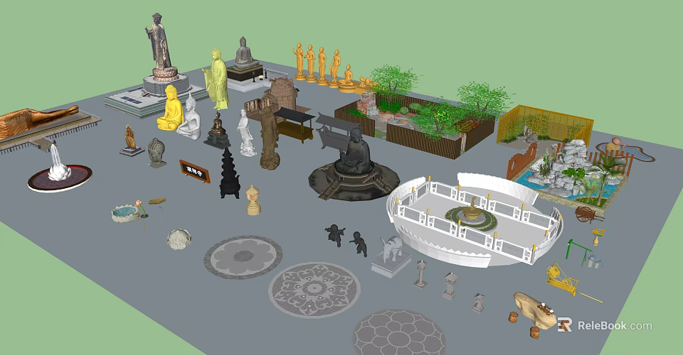 Diverse Buddha Sculpture Carving Collection With Various Statues And Decorative Bases 3d model 