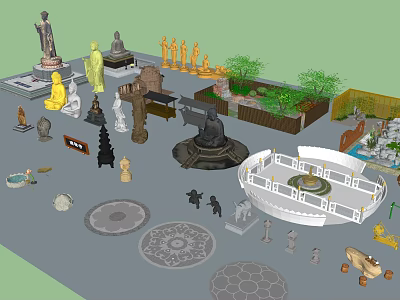 Diverse Buddha Sculpture Carving Collection With Various Statues And Decorative Bases 3d model
