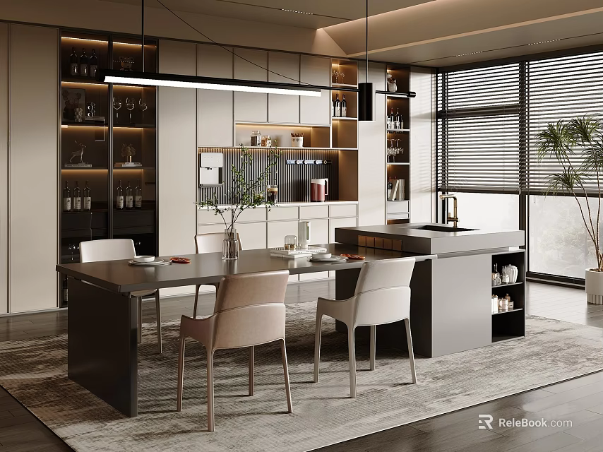 Modern Restaurant Interior Design With Open Layout Dining Table Chairs Pendant Lights And Wine Racks 3d model 
