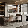 Modern Restaurant Interior Design With Open Layout Dining Table Chairs Pendant Lights And Wine Racks