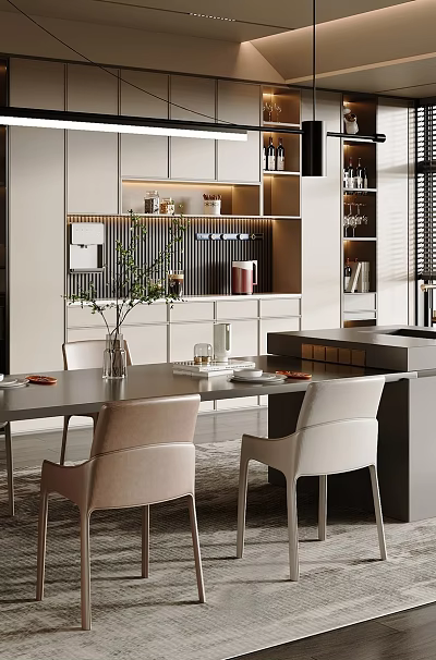 Modern Restaurant Interior Design With Open Layout Dining Table Chairs Pendant Lights And Wine Racks 3d model