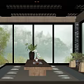 Traditional Japanese Teahouse Interior With Large Windows Mountain View Wooden Table And Floor Cushions