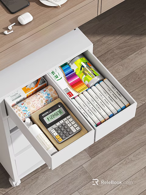 Organized Drawer with Colored Pencils Markers Calculator and Stationery Supplies 3d model 
