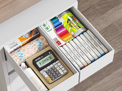 Organized Drawer with Colored Pencils Markers Calculator and Stationery Supplies 3d model