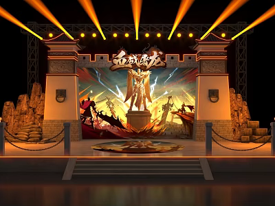 Ancient Battle Themed Stage With Warrior Statue Golden Lights Background Inscription Stone Decorations And Steps 3d model