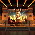Ancient Battle Themed Stage With Warrior Statue Golden Lights Background Inscription Stone Decorations And Steps