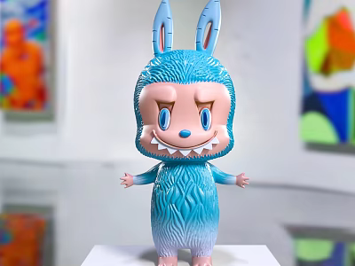 Blue Rabbit Plush Doll With Fluffy Texture Sharp Teeth And Colorful Paintings Background 3d model
