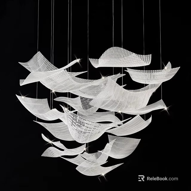 White Mesh Chandelier With Leaf Like Wave Shaped Hanging Pieces And Sparkling Luminous Effect 3d model 