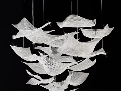 White Mesh Chandelier With Leaf Like Wave Shaped Hanging Pieces And Sparkling Luminous Effect 3d model
