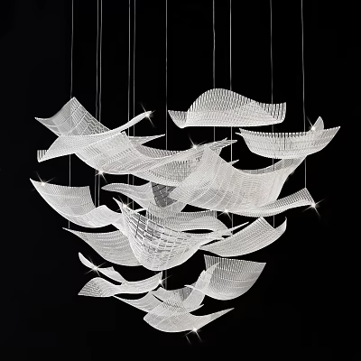 White Mesh Chandelier With Leaf Like Wave Shaped Hanging Pieces And Sparkling Luminous Effect 3d model