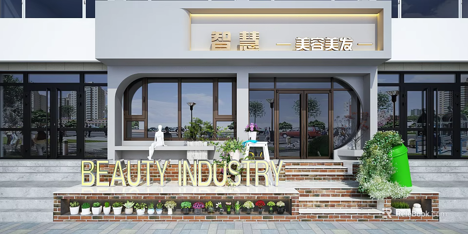 Beauty Salon Storefront With Golden Signage Red Brick Steps Green Plants And Glass Doors 3d model 