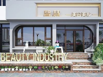 Beauty Salon Storefront With Golden Signage Red Brick Steps Green Plants And Glass Doors 3d model