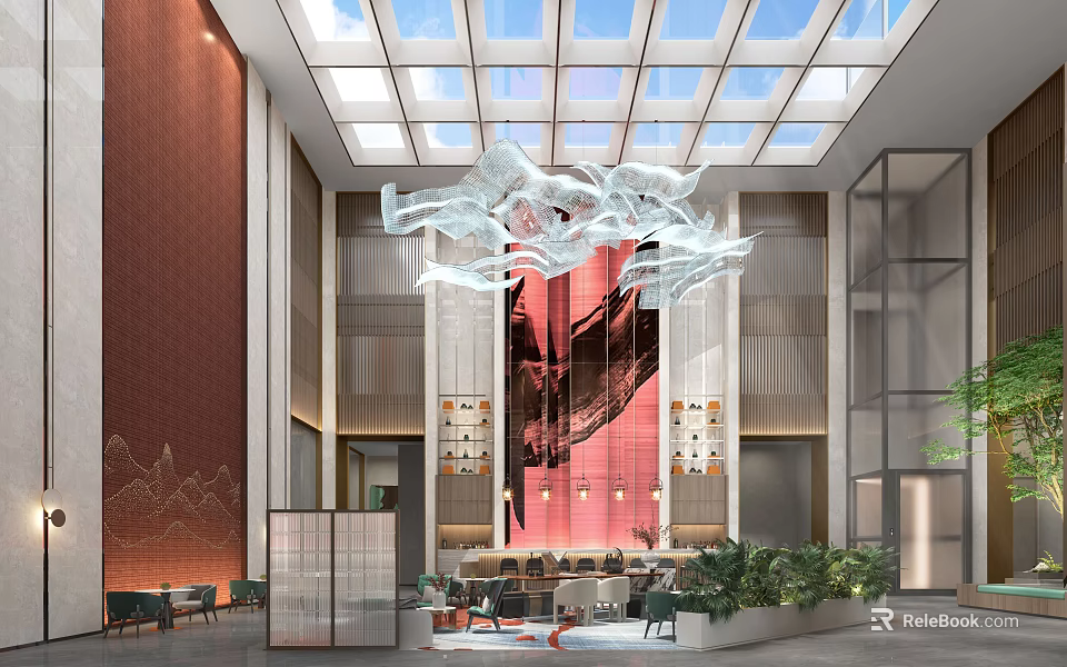 Elegant Hotel Lobby With Glass Skylight Artistic Chandelier Red Wall And Green Plants 3d model 