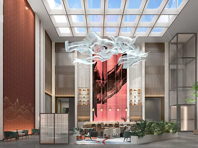 Elegant Hotel Lobby With Glass Skylight Artistic Chandelier Red Wall And Green Plants 3d model