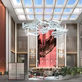 Elegant Hotel Lobby With Glass Skylight Artistic Chandelier Red Wall And Green Plants
