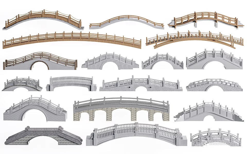 Landscape Bridges Featuring Diverse Designs Arched Straight Structures And Wooden Stone Materials 3d model 
