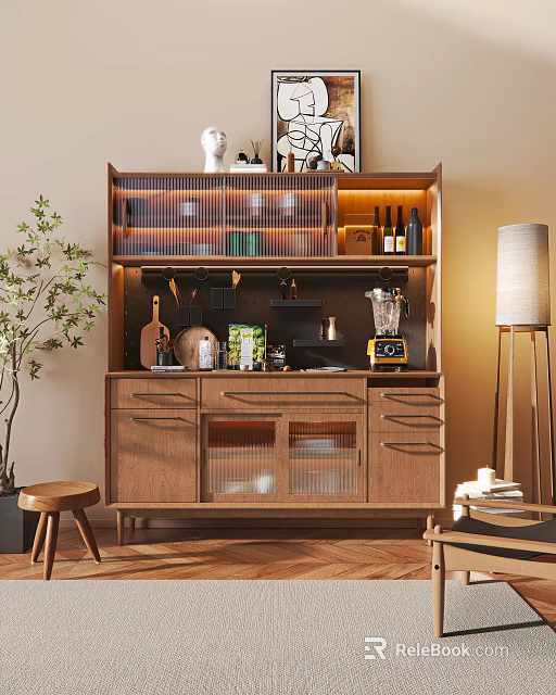 Modern Wooden Sideboard with Glass Doors Drawers Built in Lighting and Decorative Items 3d model 