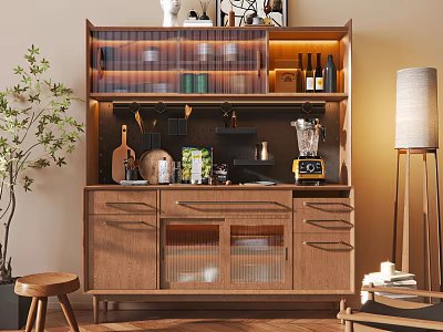 Modern Wooden Sideboard with Glass Doors Drawers Built in Lighting and Decorative Items 3d model