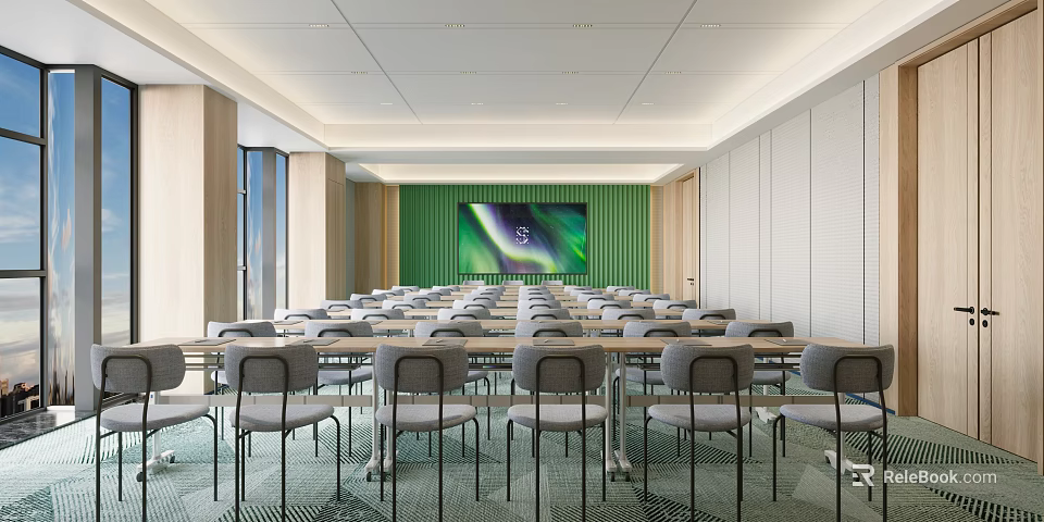 Modern Conference Room Interior Design With Long Tables Gray Chairs And Large Green Screen Wall 3d model 