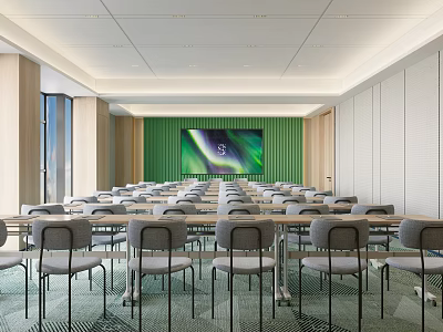 Modern Conference Room Interior Design With Long Tables Gray Chairs And Large Green Screen Wall 3d model