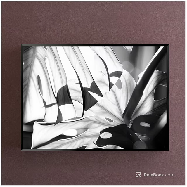 Black and White Botanical Painting Featuring Monstera Leaves in Black Frame 3d model 
