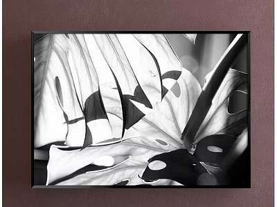 Black and White Botanical Painting Featuring Monstera Leaves in Black Frame 3d model