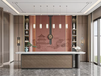 Modern Chinese Reception Area With Red Background Wall Woven Desk Hanging Lights And Marble Floor 3d model