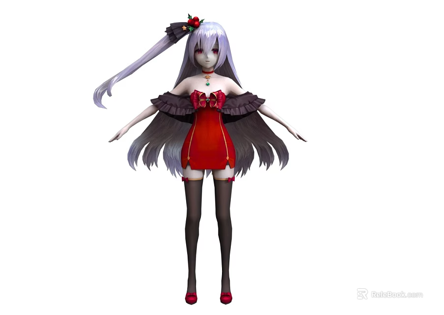 Woman with long hair in red dress and black sleeves red accessories and black stockings 3d model 