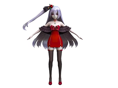Woman with long hair in red dress and black sleeves red accessories and black stockings 3d model