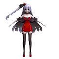 Woman with long hair in red dress and black sleeves red accessories and black stockings