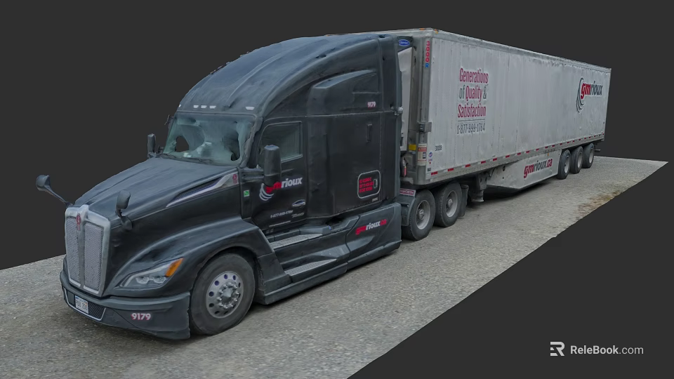Large Black Commercial Truck With Construction Hauling Trailer On Road 3d model 