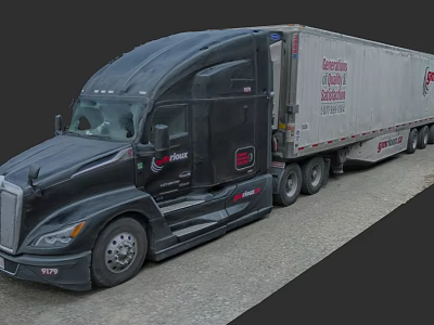 Large Black Commercial Truck With Construction Hauling Trailer On Road 3d model