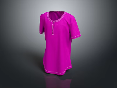 Pink Short Sleeved Top With Round Neck Button Detail And White Stitching 3d model