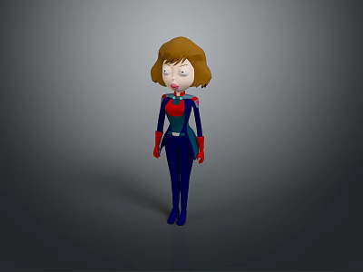 Cartoon Female Game Movie Character with Brown Short Hair Blue Bodysuit Red Gloves And Logo 3d model