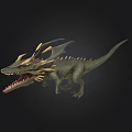 3D Rendered Mythical Dragon Figure With Green Scales Horns And Open Mouth