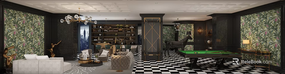 Luxury Club Interior Design With Plush Sofa Wine Rack And Checkerboard Floor 3d model 