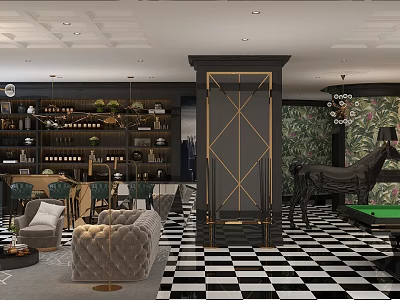Luxury Club Interior Design With Plush Sofa Wine Rack And Checkerboard Floor 3d model