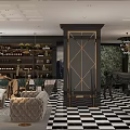 Luxury Club Interior Design With Plush Sofa Wine Rack And Checkerboard Floor