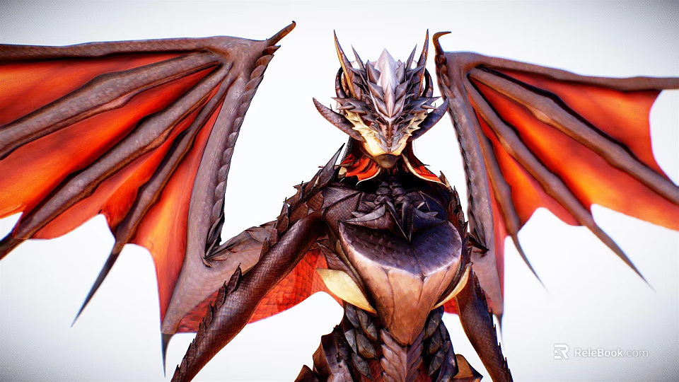 Fierce Mythical Dragon Like Game Character With Red Brown Wings And Spiked Armor 3d model 