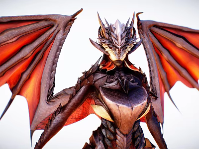 Fierce Mythical Dragon Like Game Character With Red Brown Wings And Spiked Armor 3d model