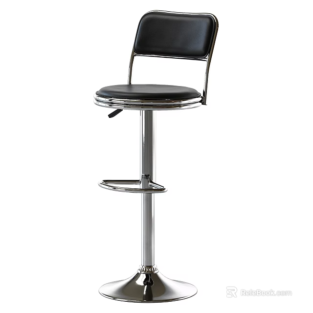 Black Leather Adjustable Bar Stool With Silver Metal Frame And Footrest 3d model 